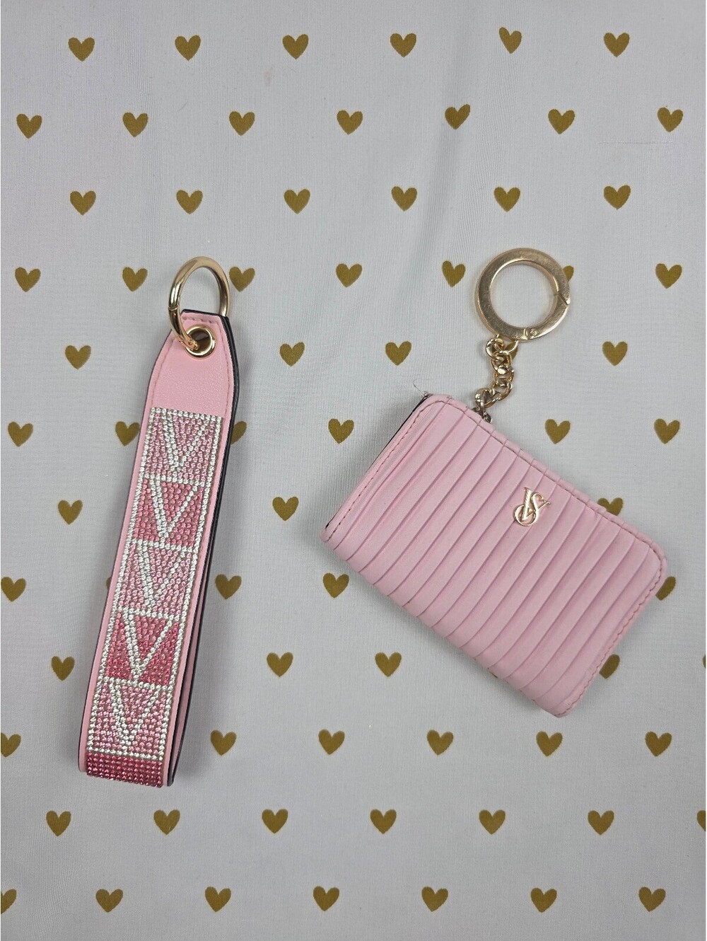 Victoria Secret BLING wristlet strap keychain LOGO Rhinestone wallet SET